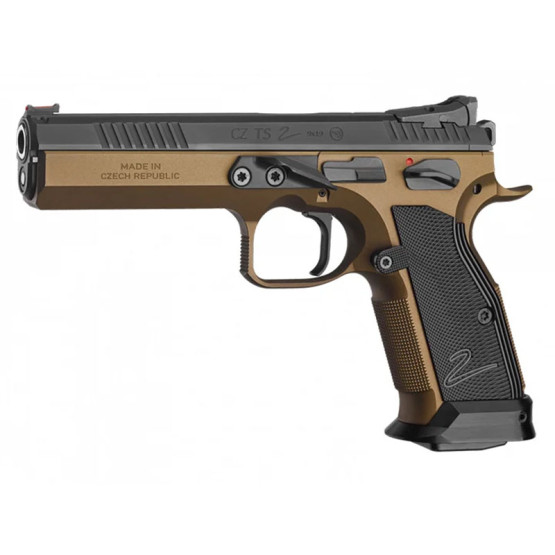 CZ Pistol TS 2 Deep Bronze, Cal.9mm, 20rds., 130 mm., A Steel Frame, Duralumin Grips. Fiber Optic Front Sight / Checkered Rear Sight, Safety Notch on the Hammer / Manual Safety, Single Action #0474-0712-ZD20001