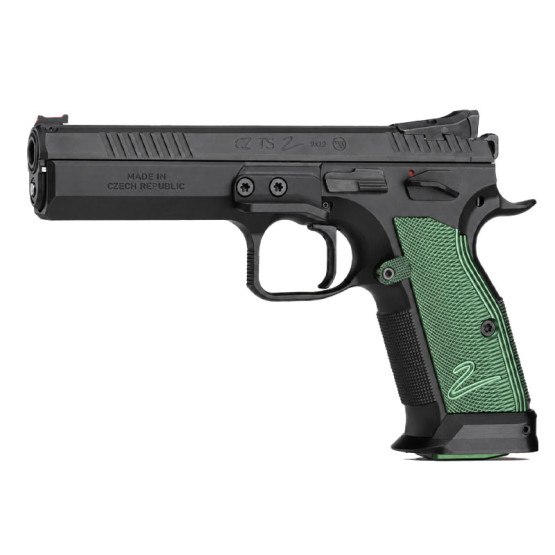 CZ Pistol TS 2 Racing Green (Duralumin Grips) Cal.9mm 20-rds, 134mm bbl., Steel Frame, Fiber Optic Front Sight/ Checkered Rear Sight, Safety Notch on the Hammer/Manual Safety, Single Action #0474-0711-ZD20002