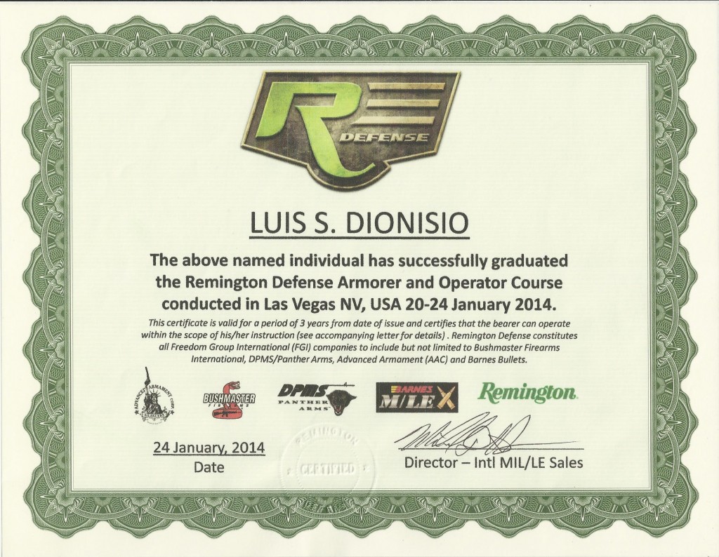 Remington Defense Certificate for Luis S. Dionisio