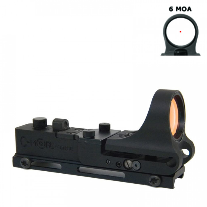C-MORE RAILWAY Red Dot Sight, Black Polymer Body, 6 MOA, click intensity switch, attaches to most Weaver/Picatinny rail mounts, co-witness iron sights to center lens of AR15 type rifles #MarkDown