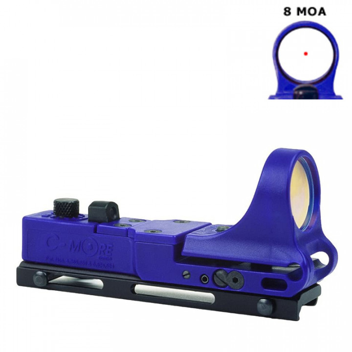 C-MORE RED DOT SIGHT, for WEAVER/PICATINNY MOUNT, Model "Railway", Blue, 8MOA, Click Switch, #MarkDown