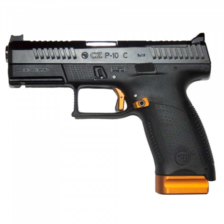 CZ Pistol P-10 C Orange, Cal. 9mm. 17-rds. 102 mm bbl. Polymer Frame, Black Polycoat Finish, Fiber optic front sight + Grooved Fixed Rear Sight in Height for OR, Trigger Safety / Trigger Bar Safety / Firing Pin Block, Striker-fired,#0554-0711-ZD003