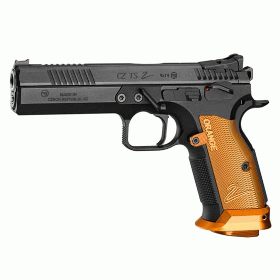 CZ Pistol TS 2 Orange (Duralumin Grips) Cal. 9mm 20-rds. 130 mm bbl. Frame Steel, Fiber optic front sight / Checkered rear sight, Safety Notch on the Hammer / Manual Safety, SA/DA #0474-0714-SJSNABX