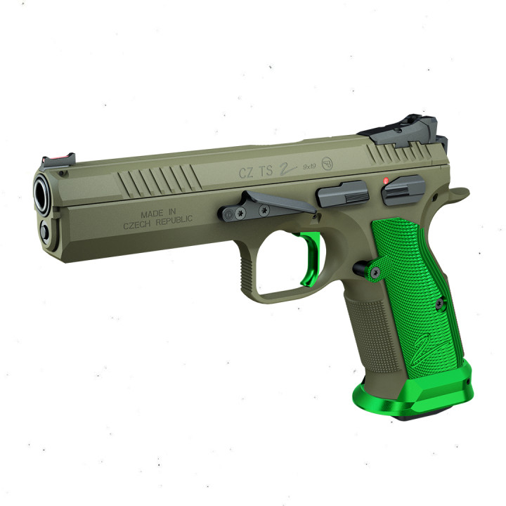 CZ TS2 CONFIGURATOR FOREST GREEN (Duralumin Grips Green) Cal. 9mm 20-rds. 130 mm bbl. Frame Cerakote Magpul O.D Green, Fiber optic front sight / Checkered rear sight, Safety Notch on the Hammer / Manual Safety, SA/DA
