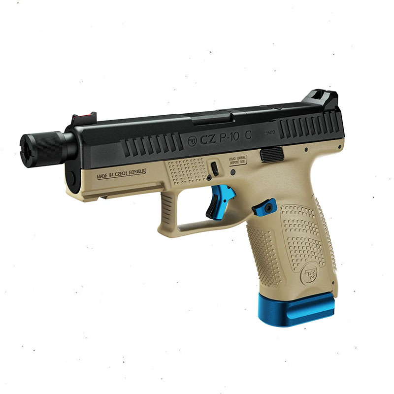 CZ P-10C OR+SR Bravo Blue FDE Cal.9mm. 15-rds. 122 mm bbl. Polymer Frame FDE , Fiber Optic, Trigger safety / Trigger bar safety / Firing pin block, Striker-Fired.
