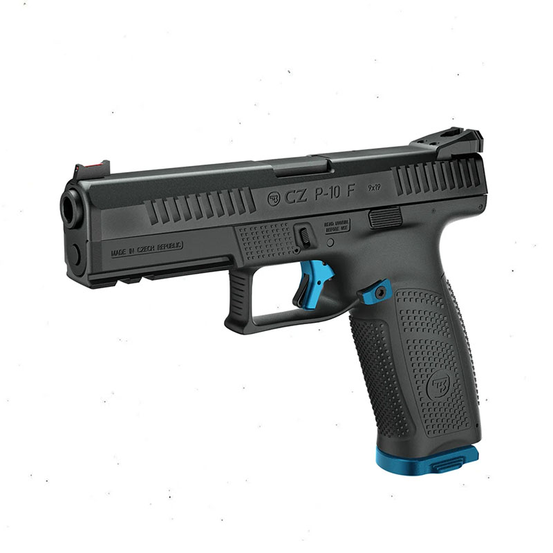 CZ Pistol P-10 F Bravo Blue , Cal.9mm, 19rds., 134.62mm., Fiberglass-reinforced polymer frame, Black Polycoat Finish, Height and side adjustable Rear sight , Trigger safety / Improved Duralumin (Blue/Black safety)/ Firing pin block, Striker-fired.