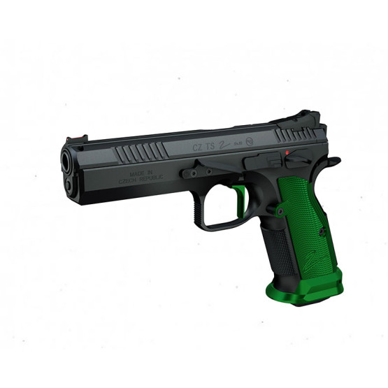 CZ TS2 HUNTER GREEN (Duralumin Grips Green) Cal. 9mm 20-rds. 130 mm bbl. Frame Steel/black, Fiber optic front sight / Checkered rear sight, Safety Notch on the Hammer / Manual Safety, SA/DA