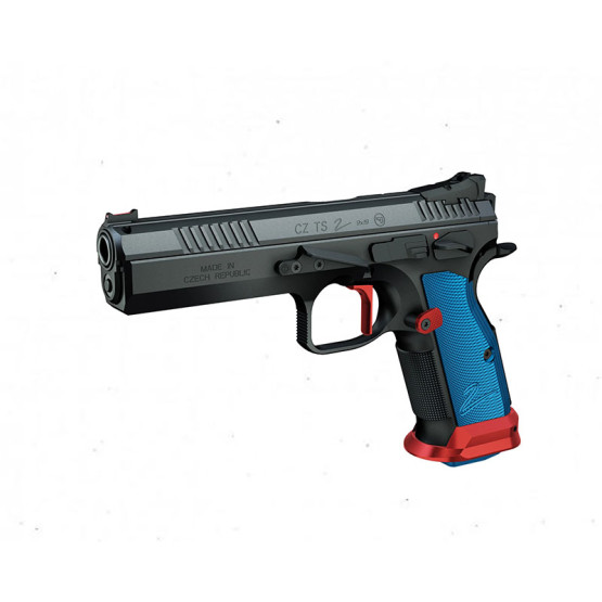 CZ TS2 Super Hero Black (Duralumin Grips Blue) Cal. 9mm 20-rds. 130 mm bbl. Frame color black, Fiber optic front sight / Checkered rear sight, Safety Notch on the Hammer / Manual Safety, SA/DA
