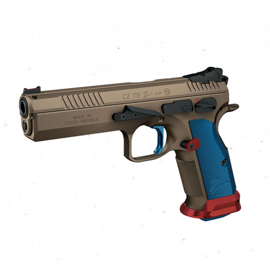 CZ TS2 Superhero Bronze (Duralumin Grips Blue) Cal. 9mm 20-rds. 130 mm bbl. Frame Cerakote Burnt Bronze, Fiber optic front sight / Checkered rear sight, Safety Notch on the Hammer / Manual Safety, SA/DA