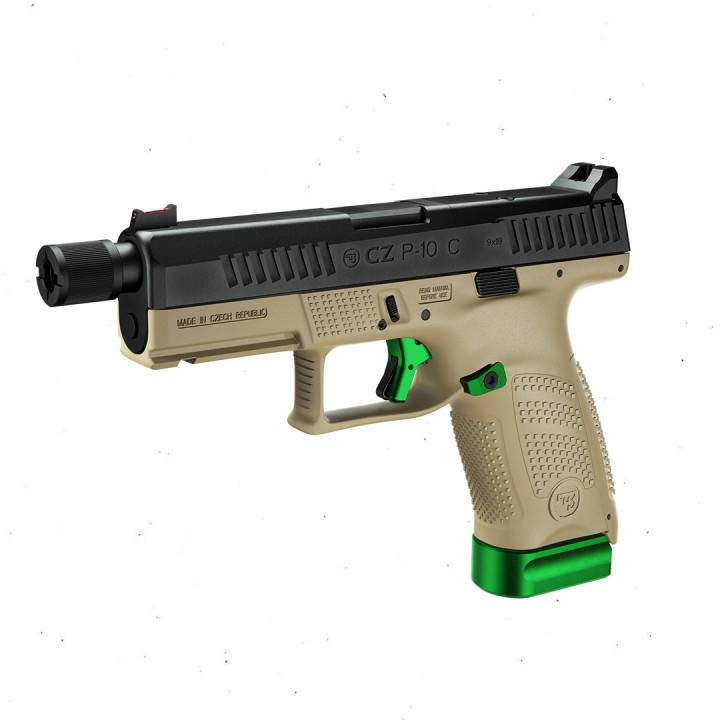 CZ P-10C OR+SR Viper Green FDE Cal.9mm. 15-rds. 122 mm bbl. Polymer Frame FDE , Fiber Optic, Trigger safety / Trigger bar safety / Firing pin block, Striker-Fired.