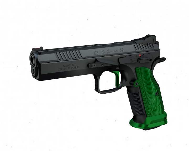 CZ TS2 HUNTER GREEN (Duralumin Grips Green) Cal. 9mm 20-rds. 130 mm bbl. Frame Steel/black, Fiber optic front sight / Checkered rear sight, Safety Notch on the Hammer / Manual Safety, SA/DA