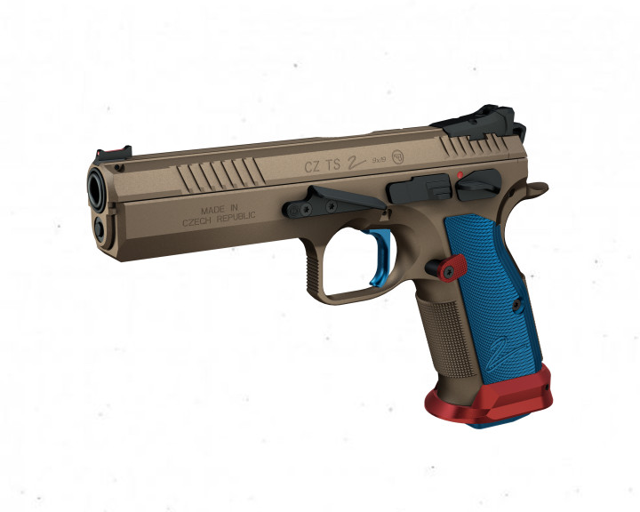 CZ TS2 Superhero Bronze (Duralumin Grips Blue) Cal. 9mm 20-rds. 130 mm bbl. Frame Cerakote Burnt Bronze, Fiber optic front sight / Checkered rear sight, Safety Notch on the Hammer / Manual Safety, SA/DA